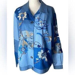 Indigo Moon Women’s Sz Med Blue Embroidered Floral Boho Art to Wear Jacket